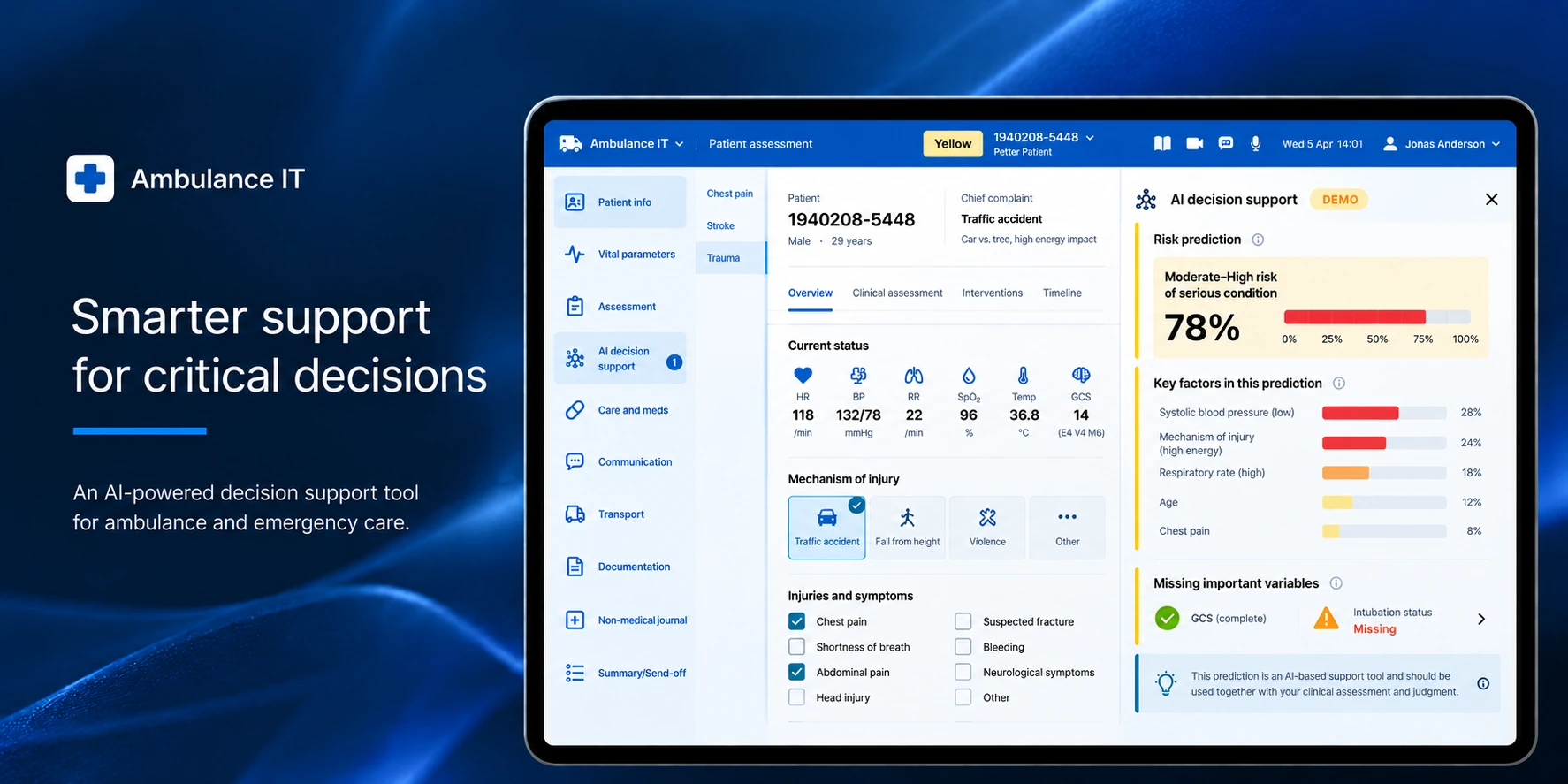 Ambulance IT — “Smarter support for critical decisions”: an AI-powered decision support tool for ambulance and emergency care. A tablet shows a trauma patient's vital signs and an AI decision support panel with a 78% moderate-to-high risk prediction, the key factors behind it and a missing variable.